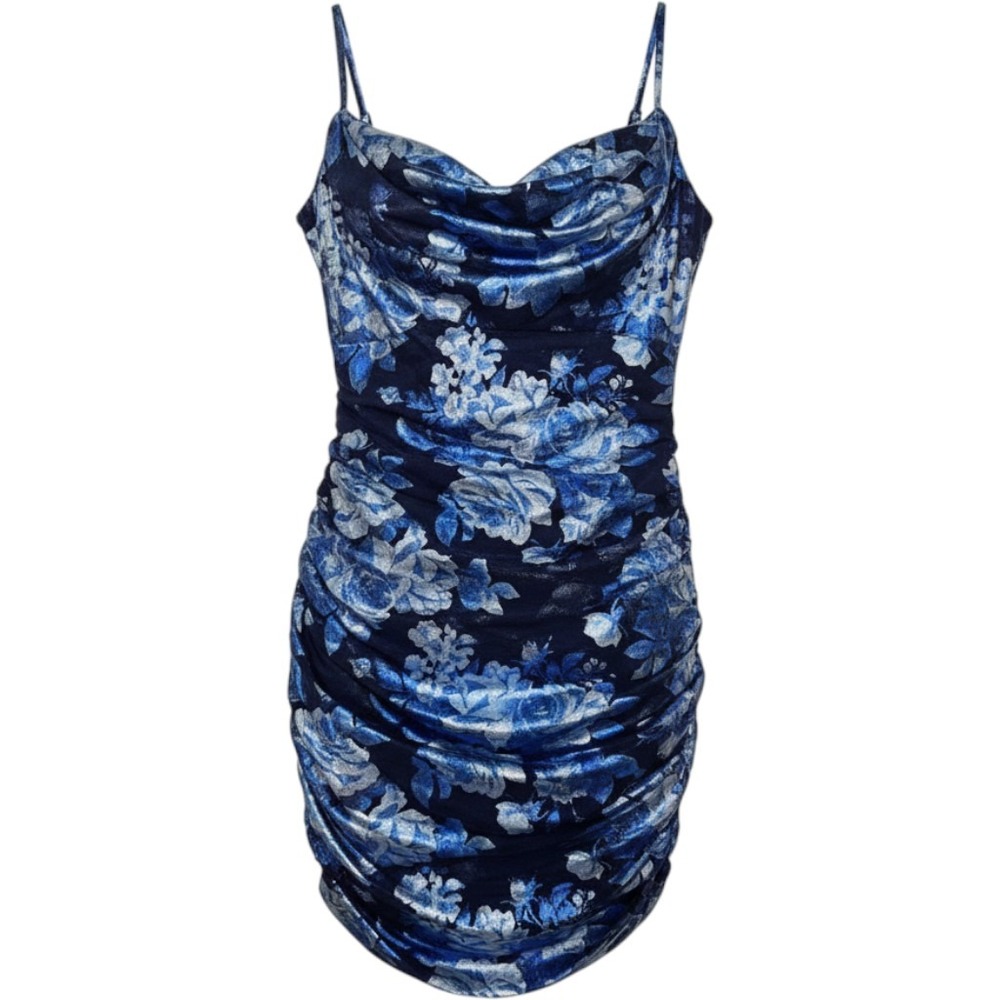 City Studio Womens Blue Metallic Floral Ruched Cowl Neck Bodycon Dress Medium